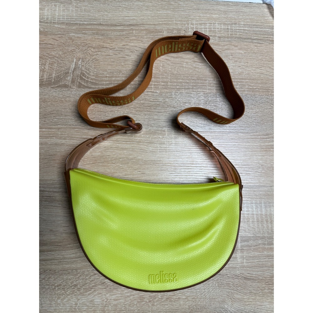 Melissa Moon Bag Neon Lime Green Brown PVC Crossbody Hobo Adjustable Logo Strap